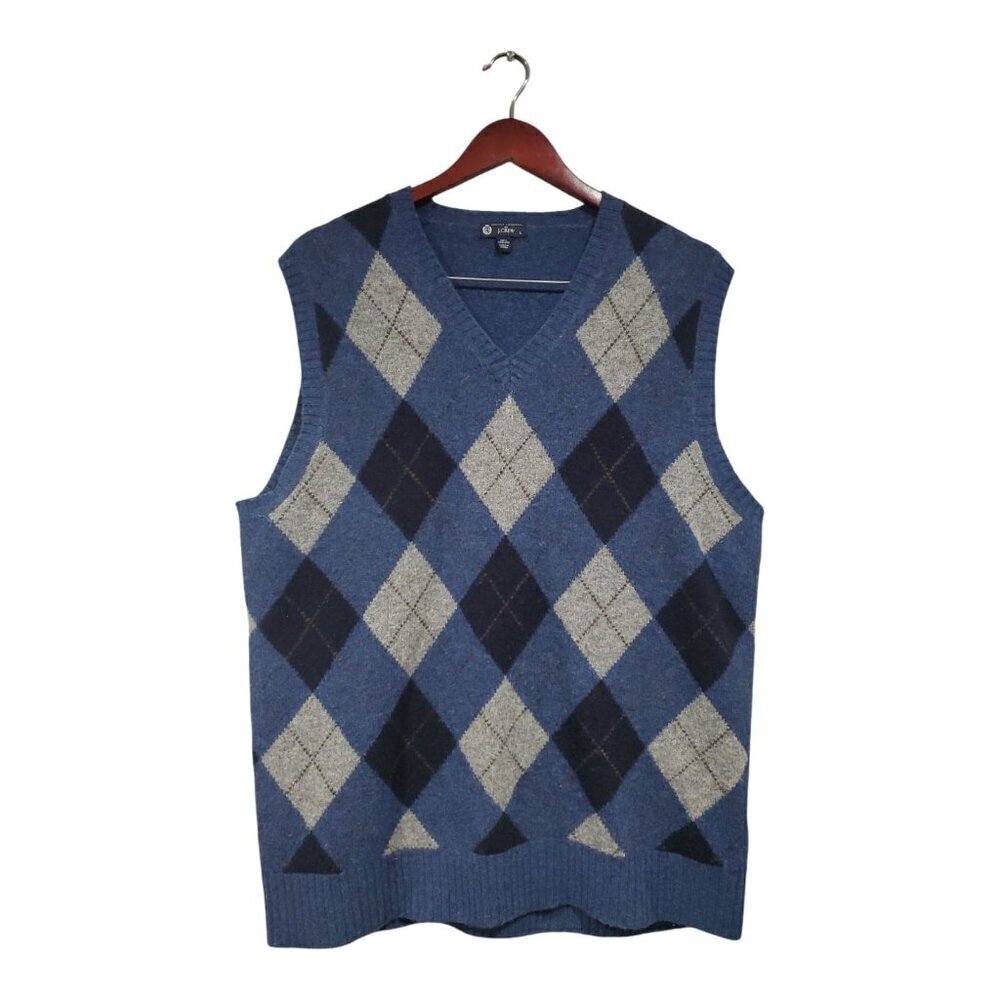 J Crew Vest Sweater Mens Large Blue Check Lambswool V Neck Classic Knit Pullover